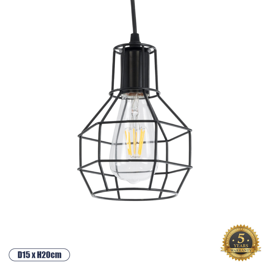 CAGE 01017 Vintage Κρεμαστό Φωτιστικό Οροφής με Ντουί 1 x E27 AC 220-240V IP20 - Μαύρο - Μ15 x Π15 x Υ20cm