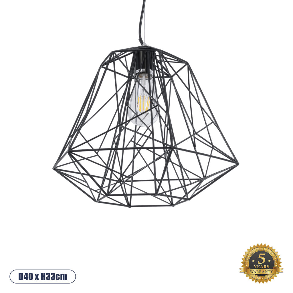 GRID 01022 Vintage Κρεμαστό Φωτιστικό Οροφής με Ντουί 1 x E27 AC 220-240V IP20 - Μαύρο - Μ40 x Π40 x Υ33cm
