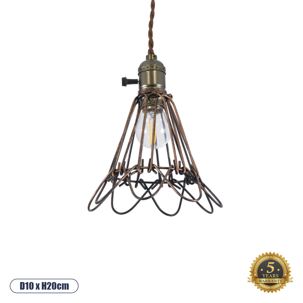 FLOWERON 01180 Vintage Κρεμαστό Φωτιστικό Οροφής με Ντουί 1 x E27 AC 220-240V IP20 - Χάλκινο & Μπρούτζινο - Μ10 x Π10 x Υ20cm