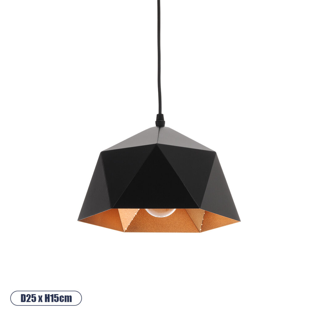 HEXAGON 01194 Μοντέρνο Κρεμαστό Φωτιστικό Οροφής με Ντουί 1 x E27 AC 220-240V IP20 - Μαύρο & Χρυσό - Μ25 x Π25 x Υ15cm