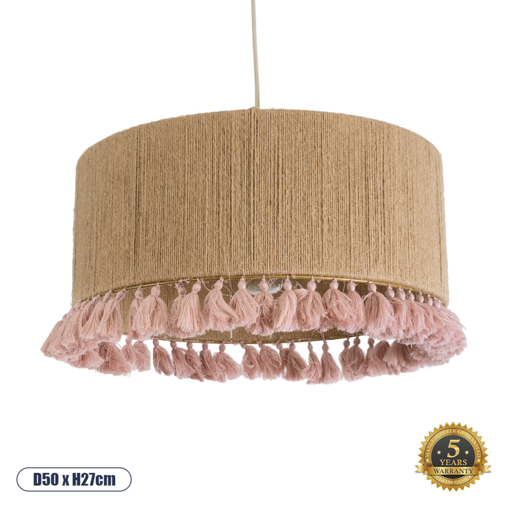 PUERTORICO 02096 Boho Κρεμαστό Φωτιστικό Οροφής με Ντουί 1 x E27 AC 220-240V IP20 - Μπεζ & Ροζ - Μ50 x Π50 x Υ27cm