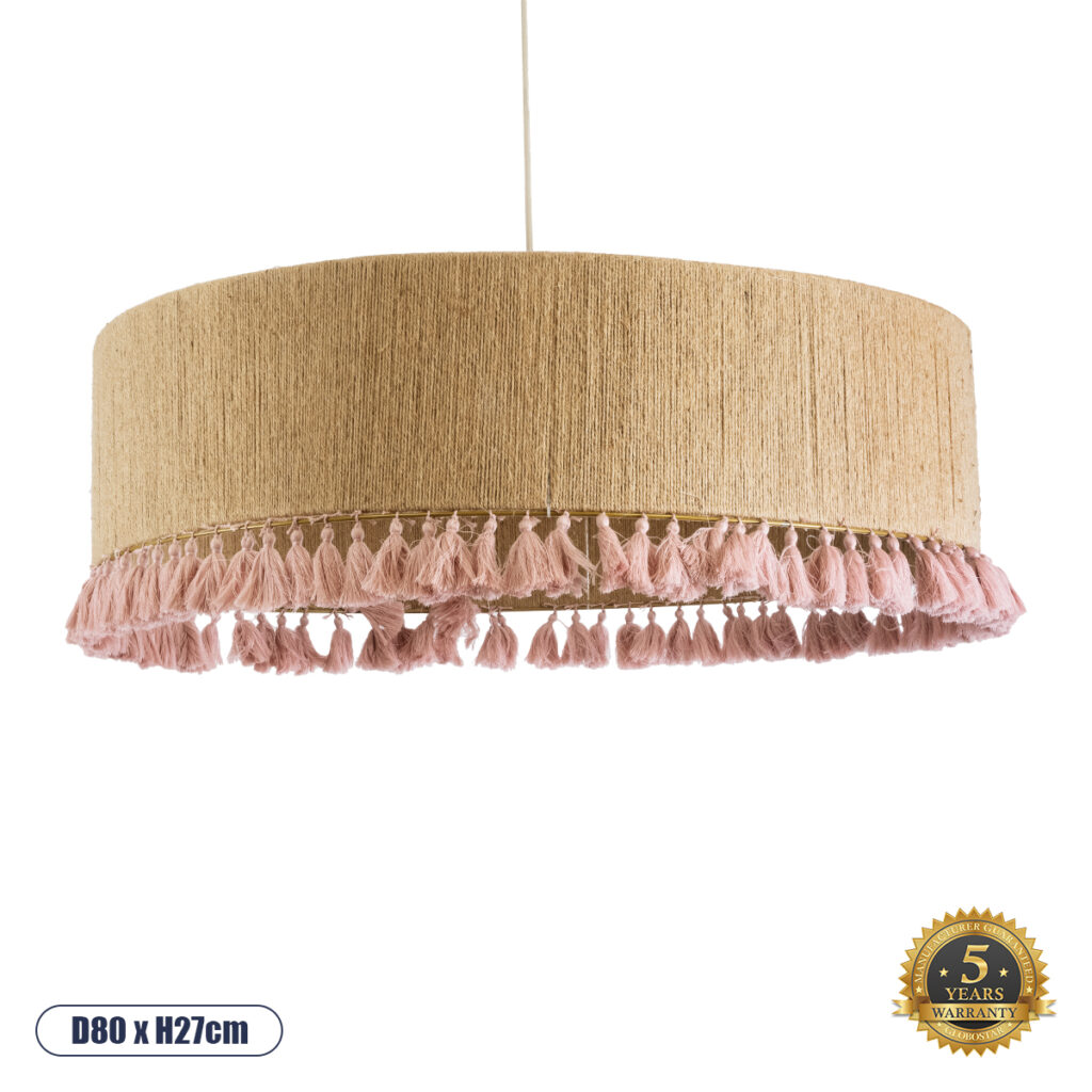 PUERTORICO 02097 Boho Κρεμαστό Φωτιστικό Οροφής με Ντουί 3 x E27 AC 220-240V IP20 - Μπεζ & Ροζ - Μ80 x Π80 x Υ27cm