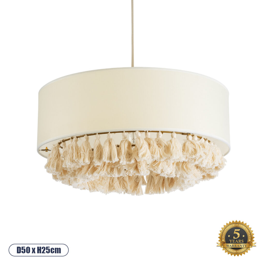 GINGER 02100 Boho Κρεμαστό Φωτιστικό Οροφής με Ντουί 1 x E27 AC 220-240V IP20 - Μπεζ & Λευκό - Μ50 x Π50 x Υ25cm
