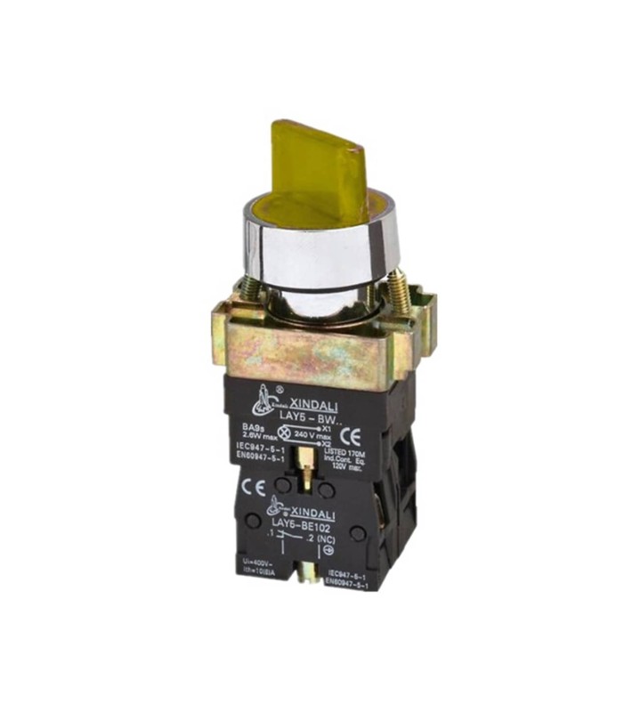 Επιλογικός διακόπτης KND BK2565 Φ22 0-1 1NO+1NC κίτρινος με λυχνία 230VAC