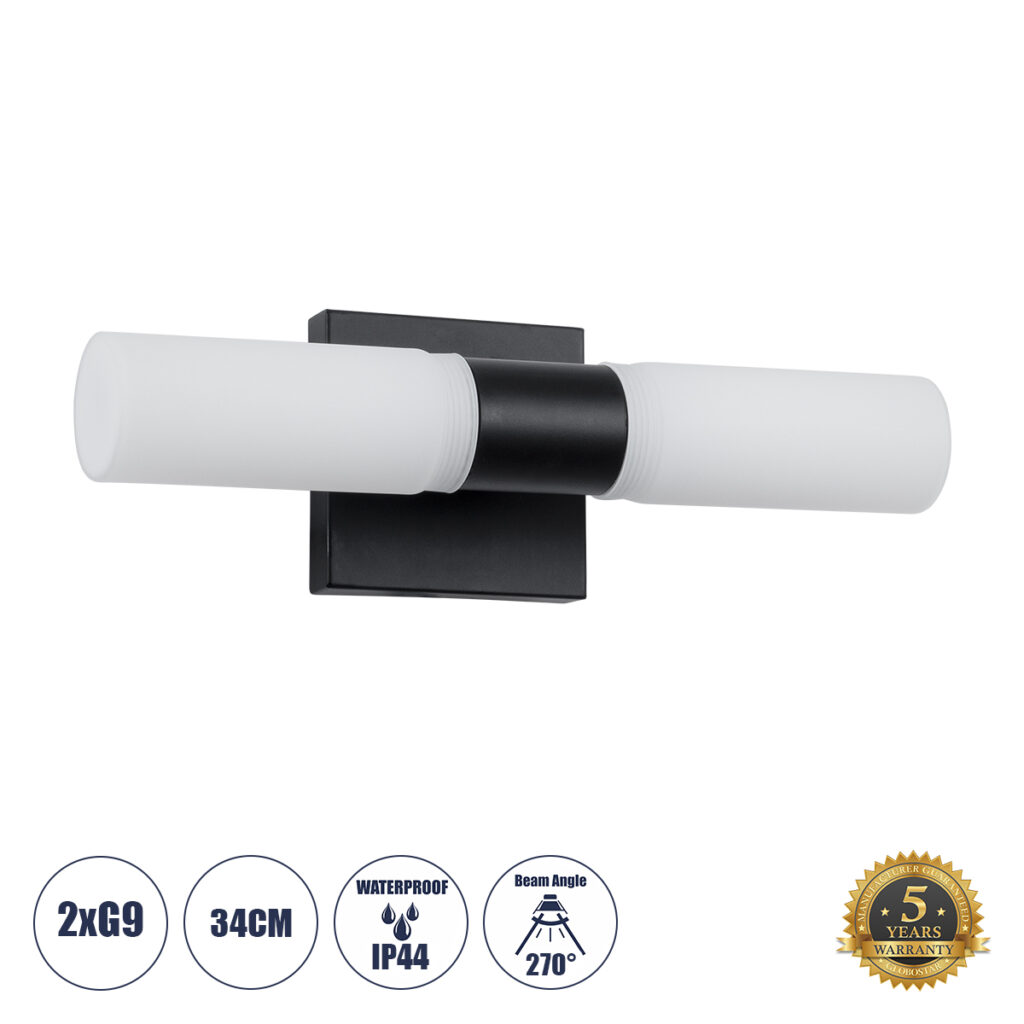 ANAIS 60408 Μοντέρνο Φωτιστικό Τοίχου - Απλίκα Καθρέπτη Μπάνιου με Ντουί 2 x G9 AC 220-240V IP44 - Μαύρο Ματ & Λευκό - Μ34 x Π12 x Υ11cm