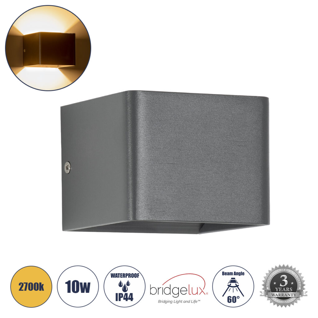CIRCOA 60534 Μοντέρνο Φωτιστικό Τοίχου - Απλίκα LED 10W 1000lm 60°/60° AC 220-240V IP44 Θερμό Λευκό 2700K - Bridgelux COB Chip & TÜV SÜD Driver - Γκρι Ανθρακί Ματ - Μ10 x Π8 x Υ10cm - 5 Χρόνια Εγγύηση