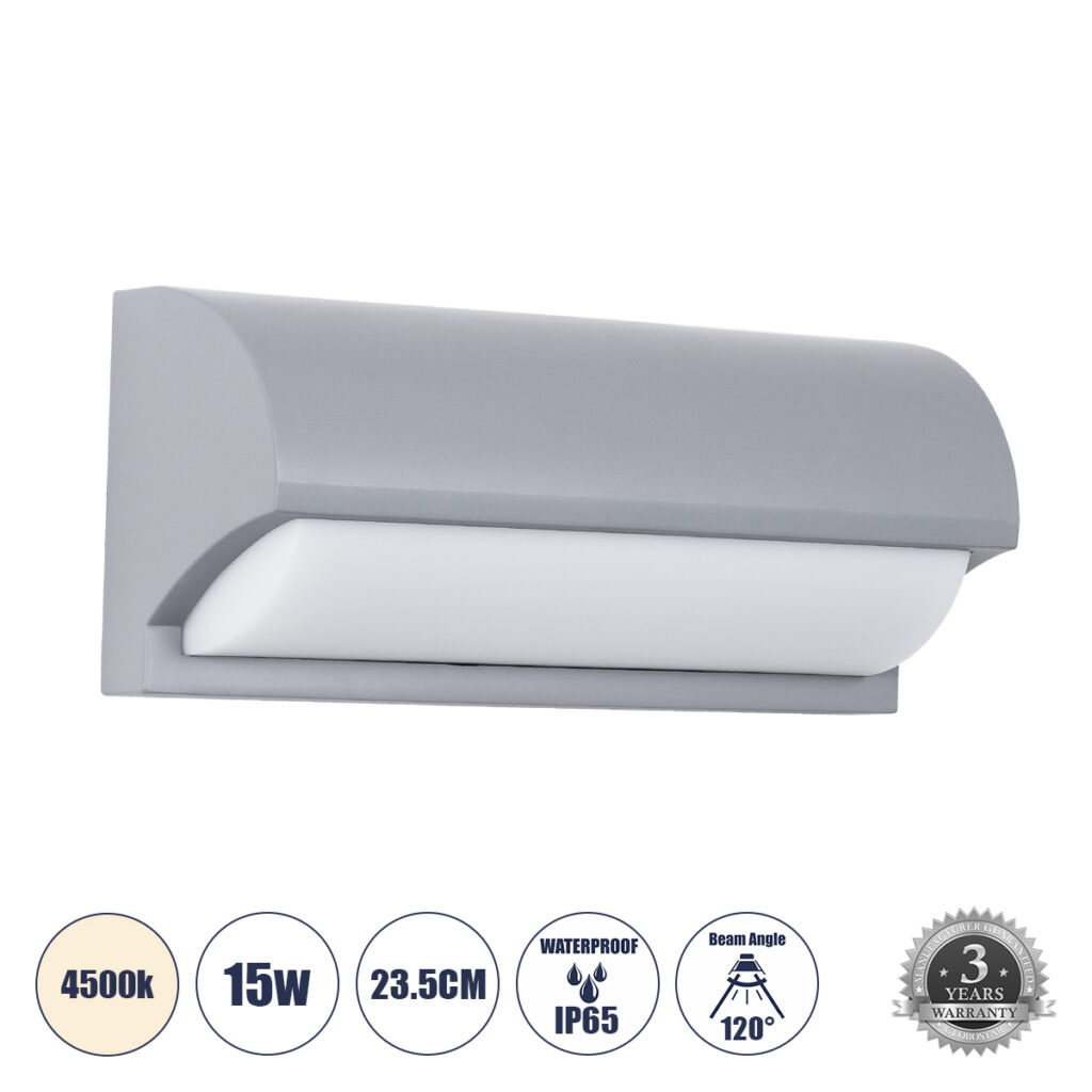 HORIZON 60692 Μοντέρνο Φωτιστικό Τοίχου - Απλίκα LED 15W 1575lm 120° AC 220-240V IP65 Φυσικό Λευκό 4500K - Bridgelux SMD Chip - Γκρι Ματ - Μ23.5 x Π11 x Υ10cm - 3 Χρόνια Εγγύηση