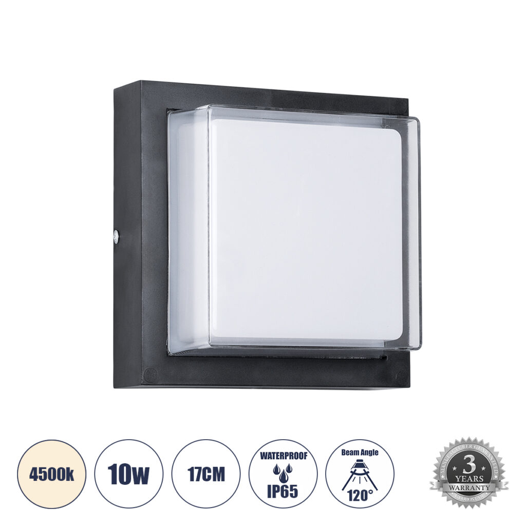 NEXUS 60767 Μοντέρνο Φωτιστικό Τοίχου - Απλίκα LED 10W 1050lm 120° AC 220-240V IP65 Φυσικό Λευκό 4500K - Bridgelux SMD Chip - Μαύρο Ματ - Μ17 x Π17 x Υ9cm - 3 Χρόνια Εγγύηση