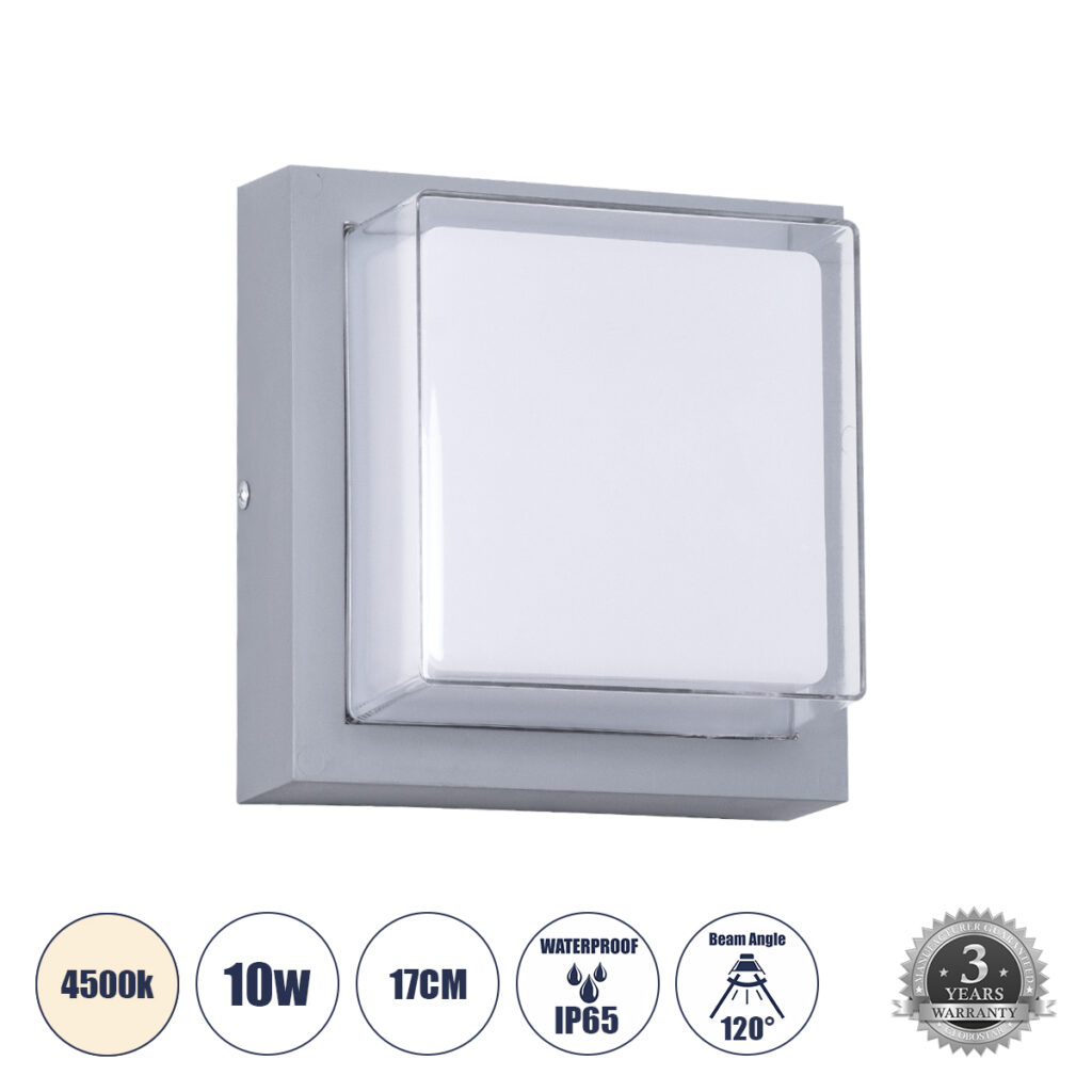 NEXUS 60768 Μοντέρνο Φωτιστικό Τοίχου - Απλίκα LED 10W 1050lm 120° AC 220-240V IP65 Φυσικό Λευκό 4500K - Bridgelux SMD Chip - Γκρι - Μ17 x Π17 x Υ9cm - 3 Χρόνια Εγγύηση