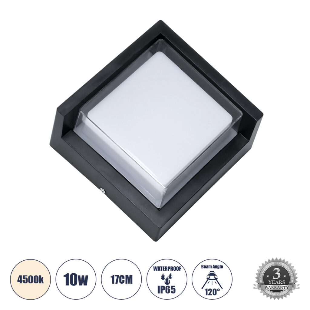 APEX 60770 Μοντέρνο Φωτιστικό Τοίχου - Απλίκα LED 10W 1050lm 120° AC 220-240V IP65 Φυσικό Λευκό 4500K - Bridgelux SMD Chip - Μαύρο Ματ - Μ17 x Π17 x Υ9cm - 3 Χρόνια Εγγύηση