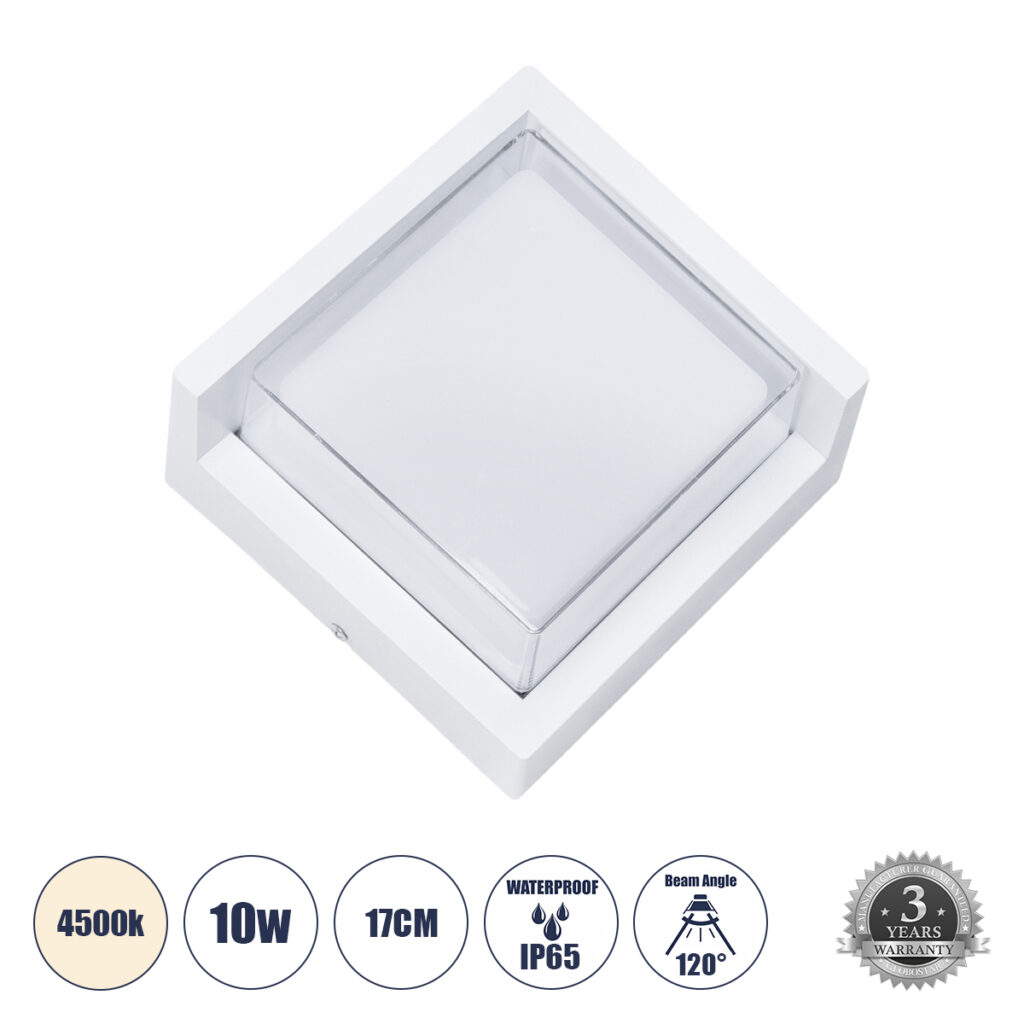 APEX 60772 Μοντέρνο Φωτιστικό Τοίχου - Απλίκα LED 10W 1050lm 120° AC 220-240V IP65 Φυσικό Λευκό 4500K - Bridgelux SMD Chip - Λευκό Ματ - Μ17 x Π17 x Υ9cm - 3 Χρόνια Εγγύηση