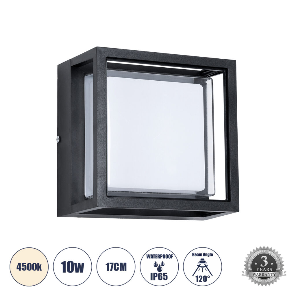 MAJESTIC 60773 Μοντέρνο Φωτιστικό Τοίχου - Απλίκα LED 10W 1050lm 120° AC 220-240V IP65 Φυσικό Λευκό 4500K - Bridgelux SMD Chip - Μαύρο Ματ - Μ17 x Π17 x Υ9cm - 3 Χρόνια Εγγύηση
