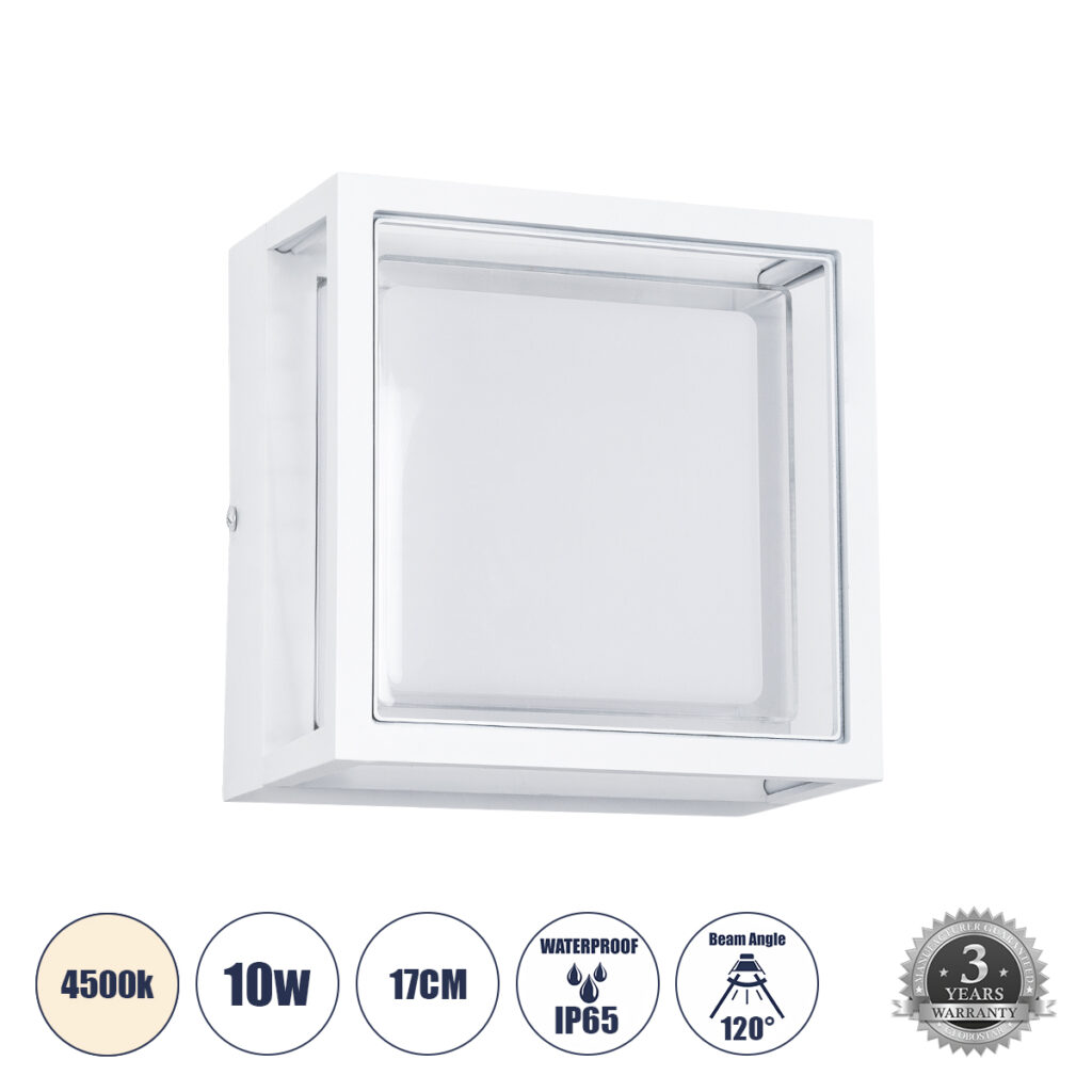 MAJESTIC 60775 Μοντέρνο Φωτιστικό Τοίχου - Απλίκα LED 10W 1050lm 120° AC 220-240V IP65 Φυσικό Λευκό 4500K - Bridgelux SMD Chip - Λευκό Ματ - Μ17 x Π17 x Υ9cm - 3 Χρόνια Εγγύηση
