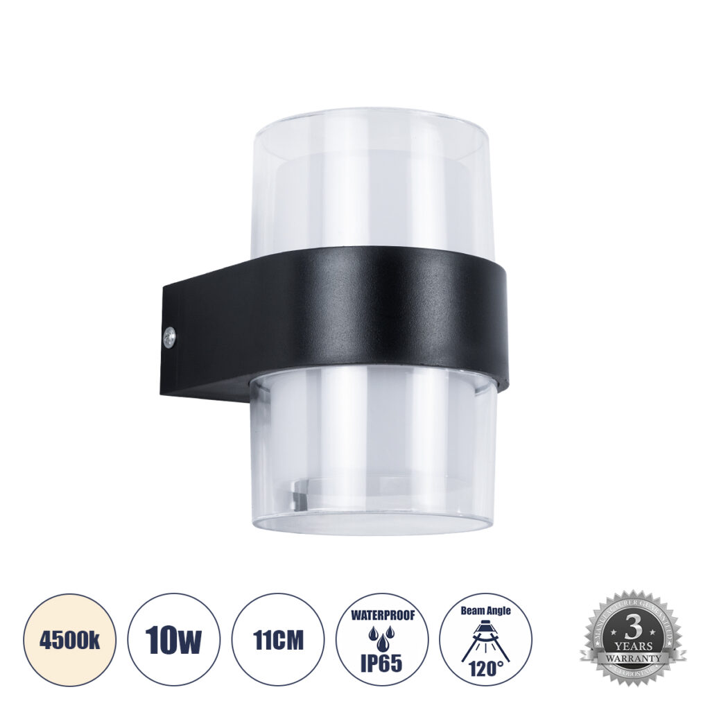 EMPIRE 60776 Μοντέρνο Φωτιστικό Τοίχου - Απλίκα LED 10W 1100lm 120° AC 220-240V IP65 Φυσικό Λευκό 4500K - Bridgelux SMD Chip & TÜV SÜD Driver - Διάφανο & Μαύρο Ματ - M10 x Π11 x Υ13.5cm - 3 Χρόνια Εγγύηση
