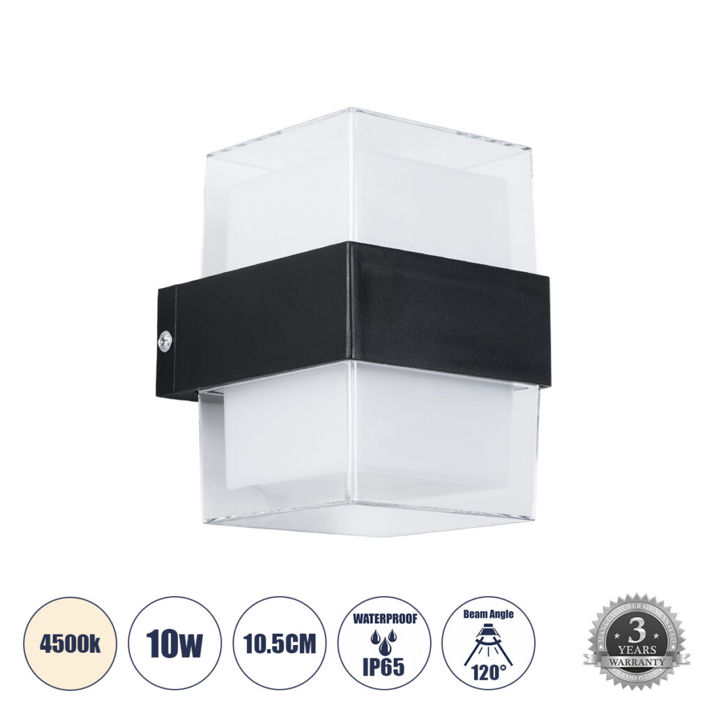 EMPIRE 60778 Μοντέρνο Φωτιστικό Τοίχου - Απλίκα LED 10W 1100lm 120° AC 220-240V IP65 Φυσικό Λευκό 4500K - Bridgelux SMD Chip & TÜV SÜD Driver - Διάφανο & Μαύρο Ματ - Μ10.5 x Π9 x Υ13cm - 3 Χρόνια Εγγύηση