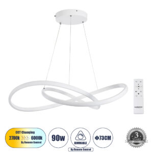 DEXTER 60914 Μοντέρνο Κρεμαστό Φωτιστικό Οροφής LED 90W 9000lm 300° AC 220-240V IP20 Ρυθμιζόμενο Λευκό CCT με Χειριστήριο από 2700K έως 6000K Dimmable - Lumileds SMD Chip - Λευκό Ματ - Μ73 x Π73 x Υ16cm - 3 Χρόνια Εγγύηση