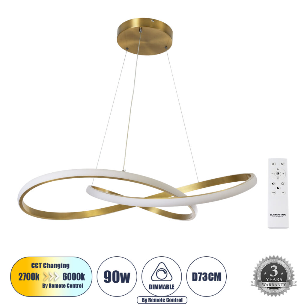 DEXTER 60916 Μοντέρνο Κρεμαστό Φωτιστικό Οροφής LED 90W 9000lm 300° AC 220-240V IP20 Ρυθμιζόμενο Λευκό CCT με Χειριστήριο από 2700K έως 6000K Dimmable - Lumileds SMD Chip - Σατινέ Χρυσό Βούρτσας - Μ73 x Π73 x Υ16cm - 3 Χρόνια Εγγύηση