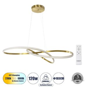 DEXTER 60920 Μοντέρνο Κρεμαστό Φωτιστικό Οροφής LED 120W 12000lm 300° AC 220-240V IP20 Ρυθμιζόμενο Λευκό CCT με Χειριστήριο από 2700K έως 6000K Dimmable - Lumileds SMD Chip - Χρυσό Βούρτσας - Μ103 x Π103 x Υ30cm - 3 Χρόνια Εγγύηση