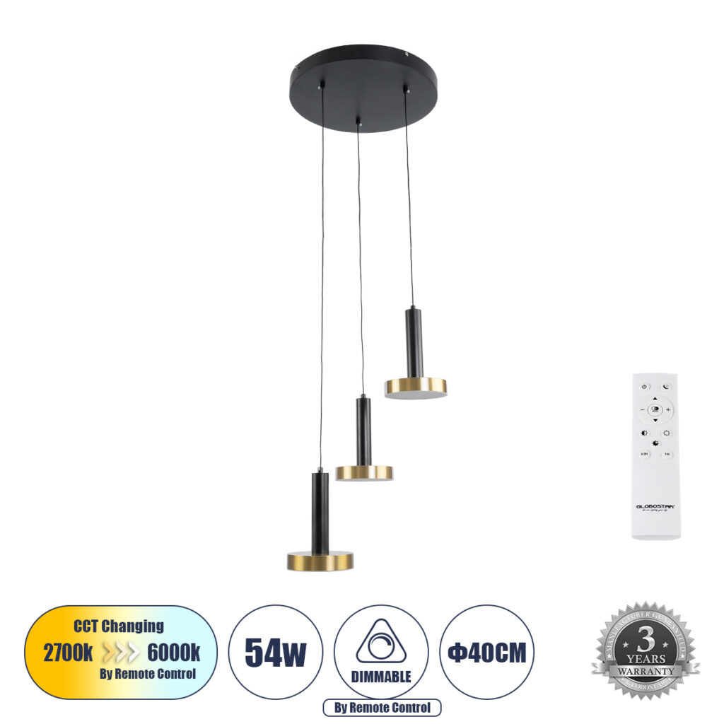ZANE 60934 Μοντέρνο Κρεμαστό Φωτιστικό Οροφής LED 54W 6048lm 120° AC 220-240V IP20 Ρυθμιζόμενο Λευκό CCT με Χειριστήριο από 2700K έως 6000K Dimmable - Lumileds SMD Chip - Μαύρο Ματ & Χρυσό - Μ40 x Π40 x Υ20cm - 3 Χρόνια Εγγύηση