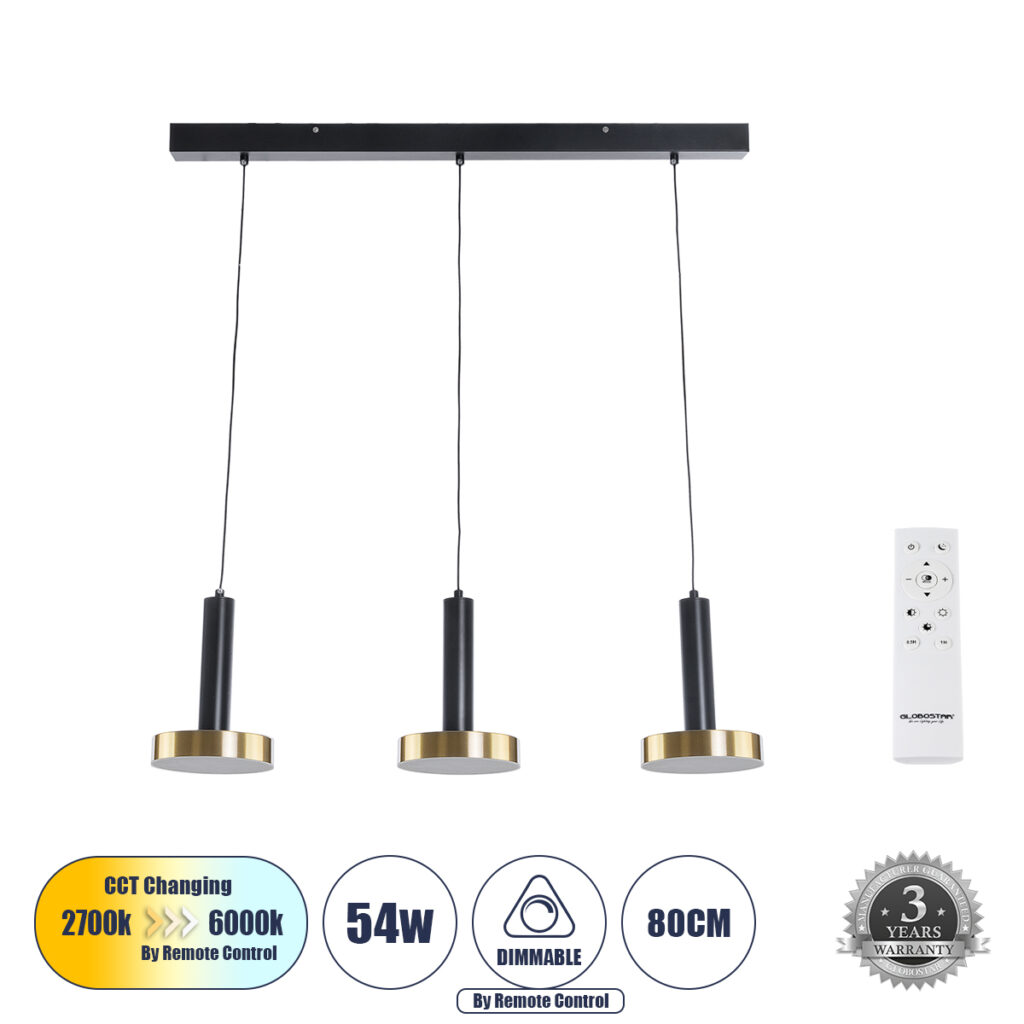 ZANE 60936 Μοντέρνο Κρεμαστό Φωτιστικό Οροφής LED 54W 6048lm 120° AC 220-240V IP20 Ρυθμιζόμενο Λευκό CCT με Χειριστήριο από 2700K έως 6000K Dimmable - Lumileds SMD Chip - Μαύρο Ματ & Χρυσό - Μ80 x Π15 x Υ20cm - 3 Χρόνια Εγγύηση