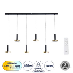 ZANE 60937 Μοντέρνο Κρεμαστό Φωτιστικό Οροφής LED 100W 11200lm 120° AC 220-240V IP20 Ρυθμιζόμενο Λευκό CCT με Χειριστήριο από 2700K έως 6000K Dimmable - Lumileds SMD Chip - Μαύρο Ματ & Χρυσό - Μ160 x Π15 x Υ20cm - 3 Χρόνια Εγγύηση
