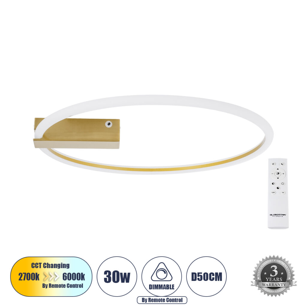 CINDERELLA 60982 Μοντέρνο Φωτιστικό Οροφής LED 30W 3360lm 360° AC 220-240V IP20 Ρυθμιζόμενο Λευκό CCT με Χειριστήριο από 2700K έως 6000K Dimmable - Lumileds SMD Chip - Χρυσό Βούρτσας - Μ50 x Π50 x Υ5cm - 3 Χρόνια Εγγύηση