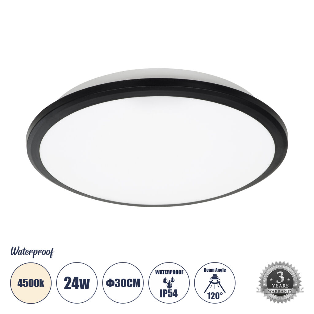 TUFFIN 60997 Φωτιστικό Πλαφονιέρα Οροφής LED 24W 2280lm 120° AC 220-240V IP54 Φυσικό Λευκό 4500K - Lumileds SMD Chip - Μαύρο Ματ & Λευκό Γαλακτερό - Μ30 x Π30 x Υ6.5cm - 3 Χρόνια Εγγύηση