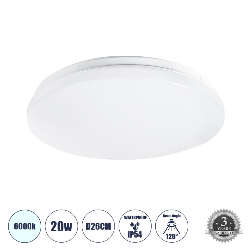 CELANO 61005 Φωτιστικό Πλαφονιέρα Οροφής LED 20W 2000lm 120° AC 220-240V IP54 Ψυχρό Λευκό 6000K - Lumileds SMD Chip - Λευκό Γαλακτερό - Μ26 x Π26 x Υ6cm - 3 Χρόνια Εγγύηση