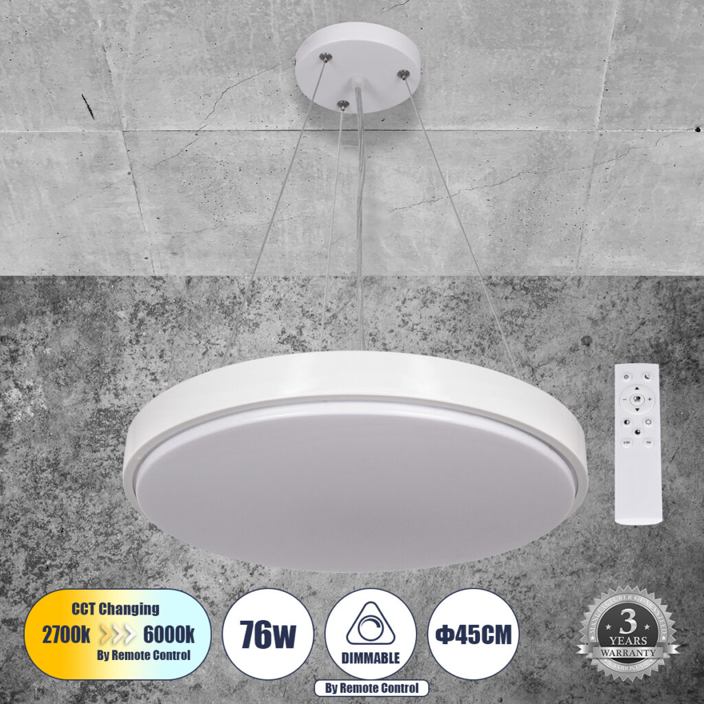 CASPER 61018 Μοντέρνο Κρεμαστό Φωτιστικό Οροφής LED 76W 8372lm 120° AC 220-240V IP20 Ρυθμιζόμενο Λευκό CCT με Χειριστήριο από 2700K έως 6000K Dimmable - Lumileds SMD Chip - Λευκό Ματ - Μ45 x Π45 x Υ5.5cm - 3 Χρόνια Εγγύηση