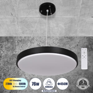 CASPER 61019 Μοντέρνο Κρεμαστό Φωτιστικό Οροφής LED 76W 8372lm 120° AC 220-240V IP20 Ρυθμιζόμενο Λευκό CCT με Χειριστήριο από 2700K έως 6000K Dimmable - Lumileds SMD Chip - Μαυρό Ματ - Μ45 x Π45 x Υ5.5cm - 3 Χρόνια Εγγύηση