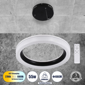ARIANA 61037 Μοντέρνο Κρεμαστό Φωτιστικό Οροφής LED 55W 6376lm 120° AC 220-240V IP20 Ρυθμιζόμενο Λευκό CCT με Χειριστήριο από 2700K έως 6000K Dimmable - Lumileds SMD Chip - Μαυρό Ματ - Μ48 x Π48 x Υ6.5cm - 3 Χρόνια Εγγύηση