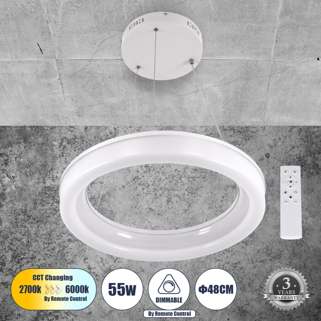ARIANA 61038 Μοντέρνο Κρεμαστό Φωτιστικό Οροφής LED 55W 6376lm 120° AC 220-240V IP20 Ρυθμιζόμενο Λευκό CCT με Χειριστήριο από 2700K έως 6000K Dimmable - Lumileds SMD Chip - Λευκό Ματ - Μ48 x Π48 x Υ6.5cm - 3 Χρόνια Εγγύηση