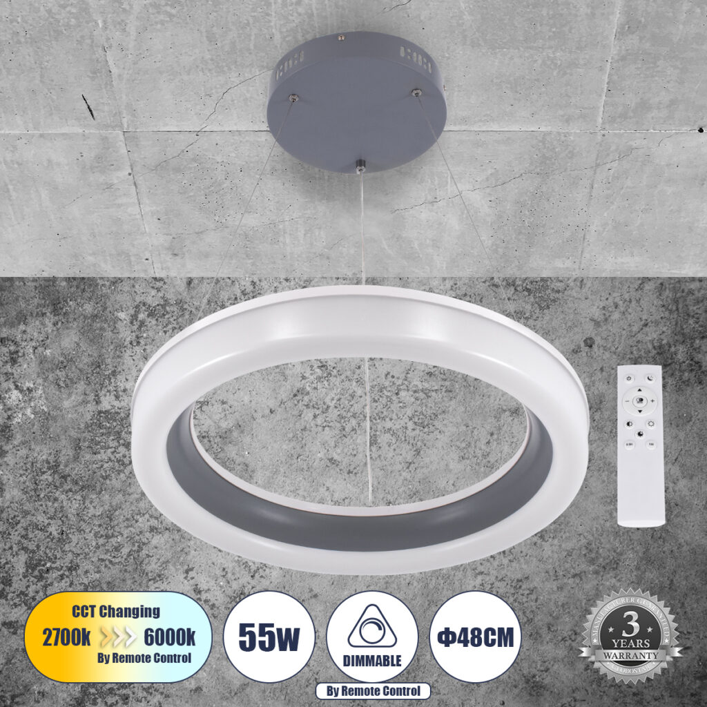 ARIANA 61039 Μοντέρνο Κρεμαστό Φωτιστικό Οροφής LED 55W 6376lm 120° AC 220-240V IP20 Ρυθμιζόμενο Λευκό CCT με Χειριστήριο από 2700K έως 6000K Dimmable - Lumileds SMD Chip - Γκρι - Μ48 x Π48 x Υ6.5cm - 3 Χρόνια Εγγύηση