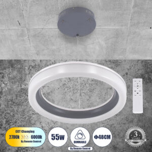 ARIANA 61039 Μοντέρνο Κρεμαστό Φωτιστικό Οροφής LED 55W 6376lm 120° AC 220-240V IP20 Ρυθμιζόμενο Λευκό CCT με Χειριστήριο από 2700K έως 6000K Dimmable - Lumileds SMD Chip - Γκρι - Μ48 x Π48 x Υ6.5cm - 3 Χρόνια Εγγύηση