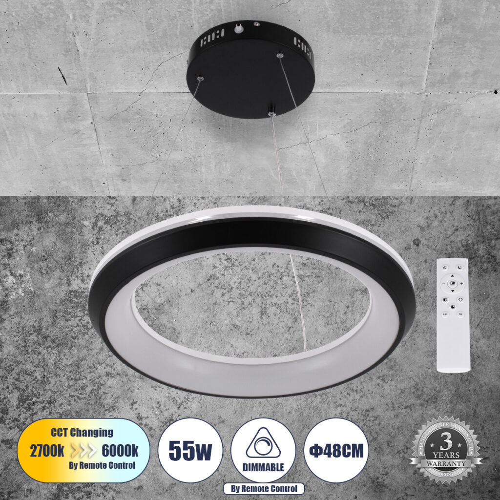 MELINA 61043 Μοντέρνο Κρεμαστό Φωτιστικό Οροφής LED 55W 6376lm 120° AC 220-240V IP20 Ρυθμιζόμενο Λευκό CCT με Χειριστήριο από 2700K έως 6000K Dimmable - Lumileds SMD Chip - Μαύρο Ματ - Μ48 x Π48 x Υ6.5cm - 3 Χρόνια Εγγύηση
