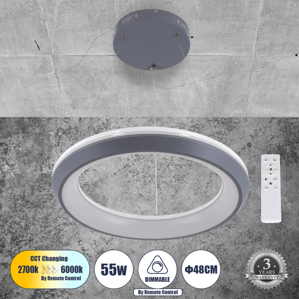 MELINA 61045 Μοντέρνο Κρεμαστό Φωτιστικό Οροφής LED 55W 6376lm 120° AC 220-240V IP20 Ρυθμιζόμενο Λευκό CCT με Χειριστήριο από 2700K έως 6000K Dimmable - Lumileds SMD Chip - Γκρι & Λευκό - Μ48 x Π48 x Υ6.5cm - 3 Χρόνια Εγγύηση