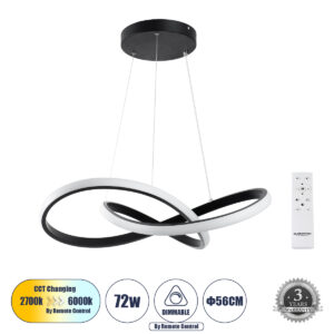 DEXTER 61049 Μοντέρνο Κρεμαστό Φωτιστικό Οροφής LED 72W 7200lm 300° AC 220-240V IP20 Ρυθμιζόμενο Λευκό CCT με Χειριστήριο από 2700K έως 6000K Dimmable - Lumileds SMD Chip - Μαύρο Ματ - Μ56 x Π56 x Υ14cm - 3 Χρόνια Εγγύηση