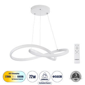 DEXTER 61050 Μοντέρνο Κρεμαστό Φωτιστικό Οροφής LED 72W 7200lm 300° AC 220-240V IP20 Ρυθμιζόμενο Λευκό CCT με Χειριστήριο από 2700K έως 6000K Dimmable - Lumileds SMD Chip - Λευκό Ματ - Μ56 x Π56 x Υ14cm - 3 Χρόνια Εγγύηση