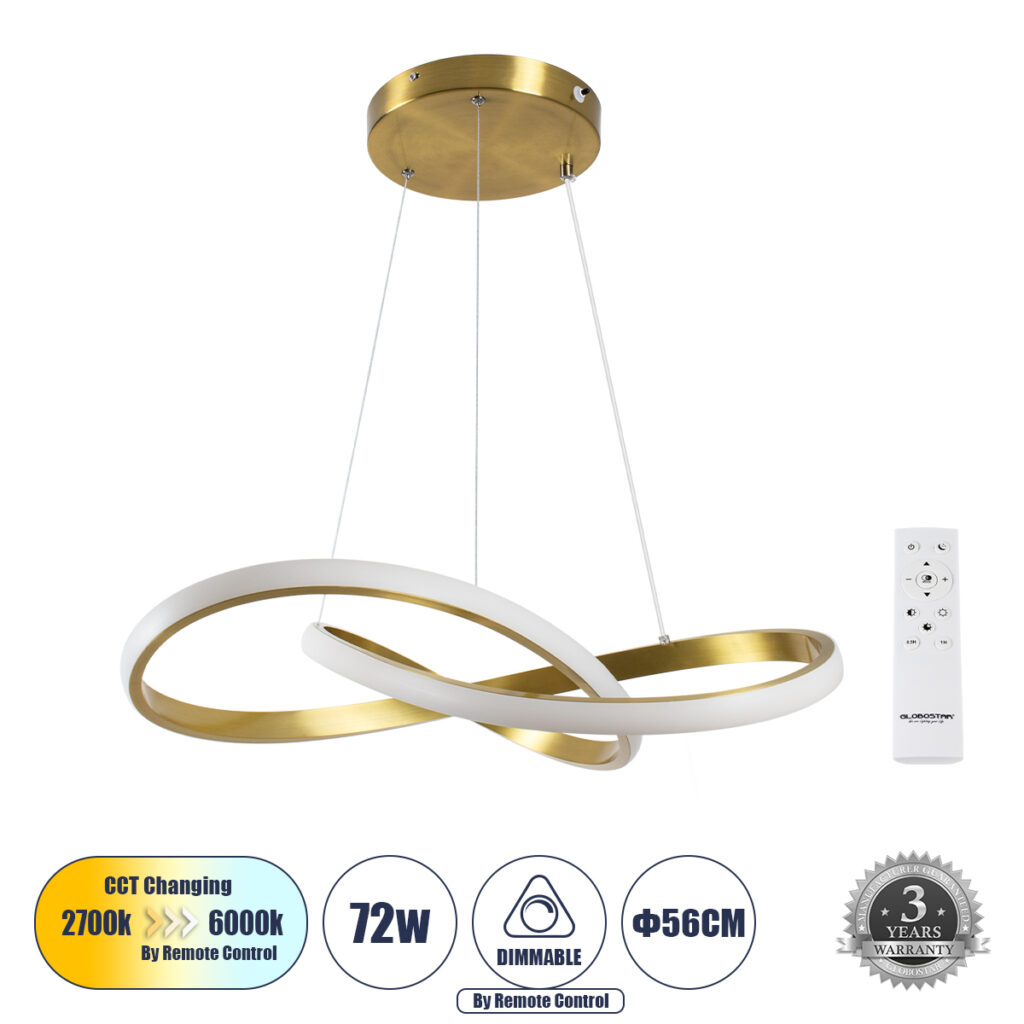 DEXTER 61051 Μοντέρνο Κρεμαστό Φωτιστικό Οροφής LED 72W 7200lm 300° AC 220-240V IP20 Ρυθμιζόμενο Λευκό CCT με Χειριστήριο από 2700K έως 6000K Dimmable - Lumileds SMD Chip - Σατινέ Χρυσό Βούρτσας - Μ56 x Π56 x Υ14cm - 3 Χρόνια Εγγύηση