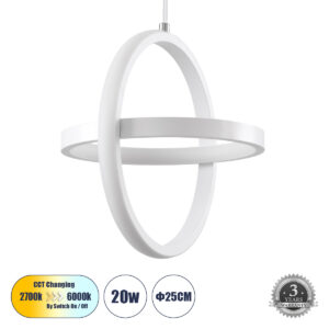 ALICE 61056 Μοντέρνο Κρεμαστό Φωτιστικό Οροφής LED 20W 2400lm 300° AC 220-240V IP20 Ρυθμιζόμενο Λευκό CCT με On/Off 2700K/4500K/6000K - Lumileds SMD Chip - Λευκό Ματ - Μ25 x Π22 x Υ25cm - 3 Χρόνια Εγγύηση