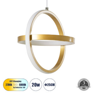 ALICE 61057 Μοντέρνο Κρεμαστό Φωτιστικό Οροφής LED 20W 2400lm 300° AC 220-240V IP20 Ρυθμιζόμενο Λευκό CCT με On/Off 2700K/4500K/6000K - Lumileds SMD Chip - Χρυσό Βούρτσας - Μ25 x Π22 x Υ25cm - 3 Χρόνια Εγγύηση