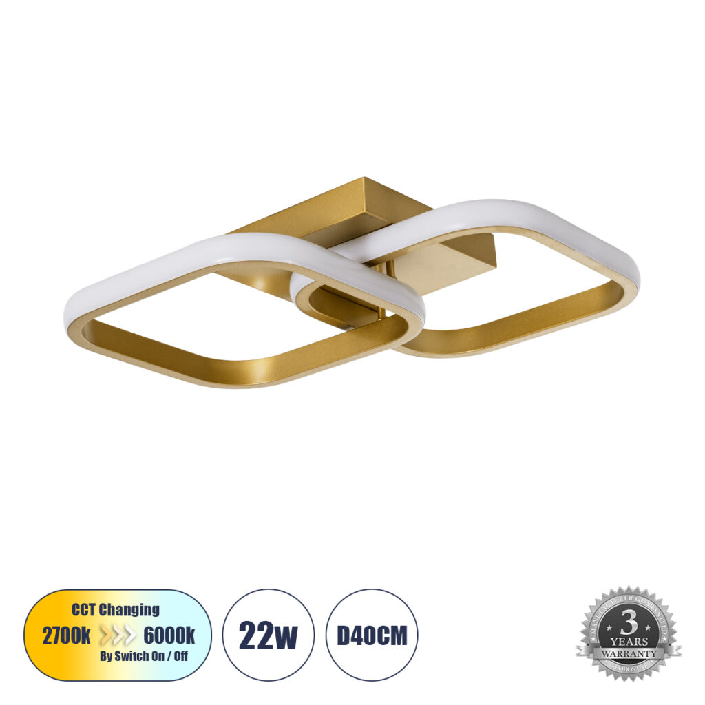 NORA 61063 Μοντέρνο Φωτιστικό Οροφής LED 22W 2200lm 300° AC 220-240V IP20 Ρυθμιζόμενο Λευκό CCT με On/Off 2700K/4500K/6000K - Lumileds SMD Chip - Σατινέ Χρυσό Βούρτσας - Μ40 x Π24 x Υ7cm - 3 Χρόνια Εγγύηση
