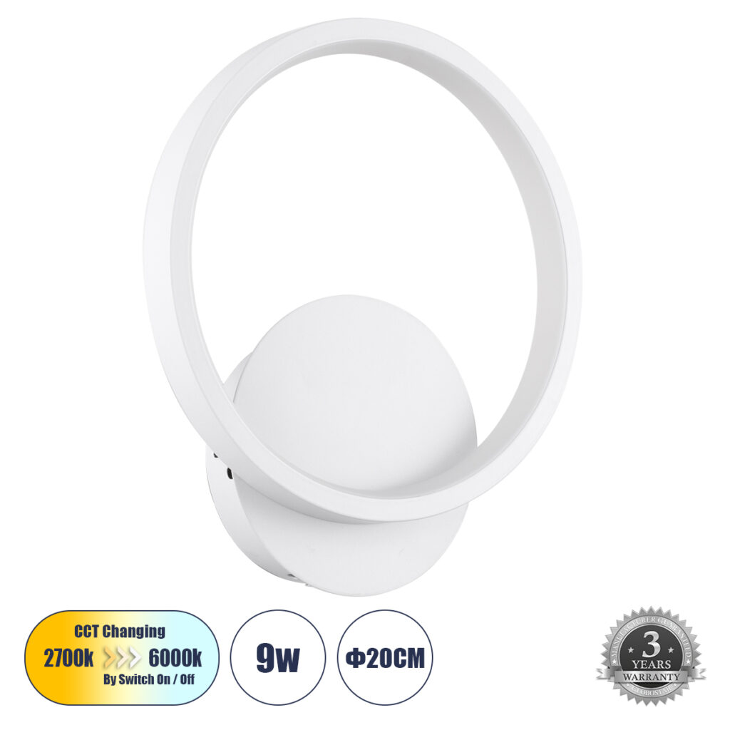 TED 61071 Μοντέρνο Φωτιστικό Τοίχου - Απλίκα LED 9W 1080lm 300° AC 220-240V IP20 Ρυθμιζόμενο Λευκό CCT με On/Off 2700K/4500K/6000K - Lumileds SMD Chip - Λευκό Ματ - Μ20 x Π5.5 x Υ23cm - 3 Χρόνια Εγγύηση