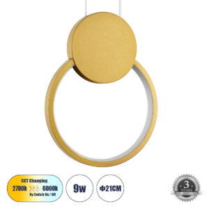 CYCLOS 61075 Μοντέρνο Κρεμαστό Φωτιστικό Οροφής LED 9W 1080lm 300° AC 220-240V IP20 Ρυθμιζόμενο Λευκό CCT με On/Off 2700K/4500K/6000K - Lumileds SMD Chip - Χρυσό Βούρτσας - Μ21 x Π2.3 x Υ26.5cm - 3 Χρόνια Εγγύηση