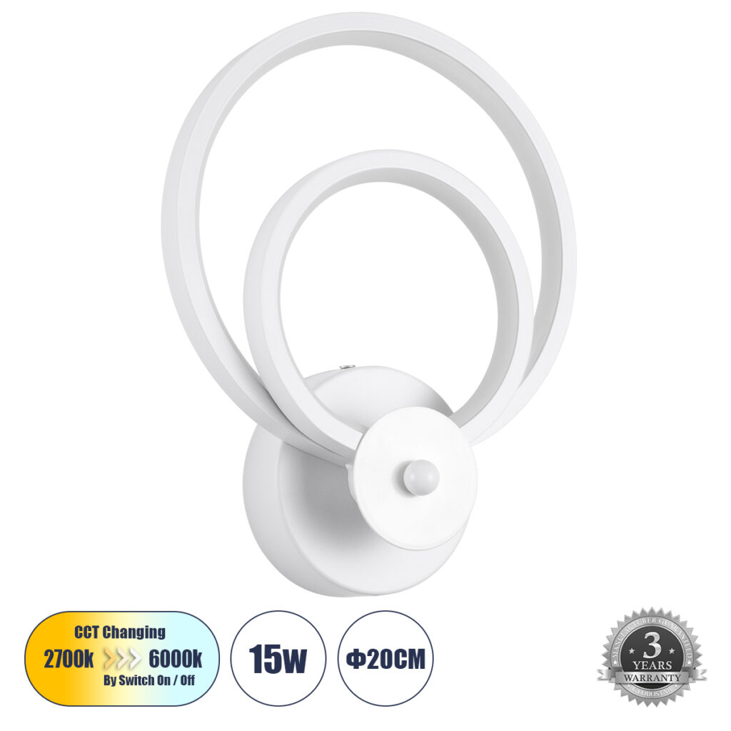 FREDDIE 61077 Μοντέρνο Φωτιστικό Τοίχου - Απλίκα LED 15W 1800lm 300° AC 220-240V IP20 Ρυθμιζόμενο Λευκό CCT με On/Off 2700K/4500K/6000K - Lumileds SMD Chip - Λευκό Ματ - Μ20 x Π7.5 x Υ25cm - 3 Χρόνια Εγγύηση