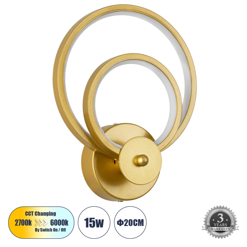 FREDDIE 61078 Μοντέρνο Φωτιστικό Τοίχου - Απλίκα LED 15W 1080lm 300° AC 220-240V IP20 Ρυθμιζόμενο Λευκό CCT με On/Off 2700K/4500K/6000K - Lumileds SMD Chip - Χρυσό Βούρτσας - Μ20 x Π7.5 x Υ25cm - 3 Χρόνια Εγγύηση