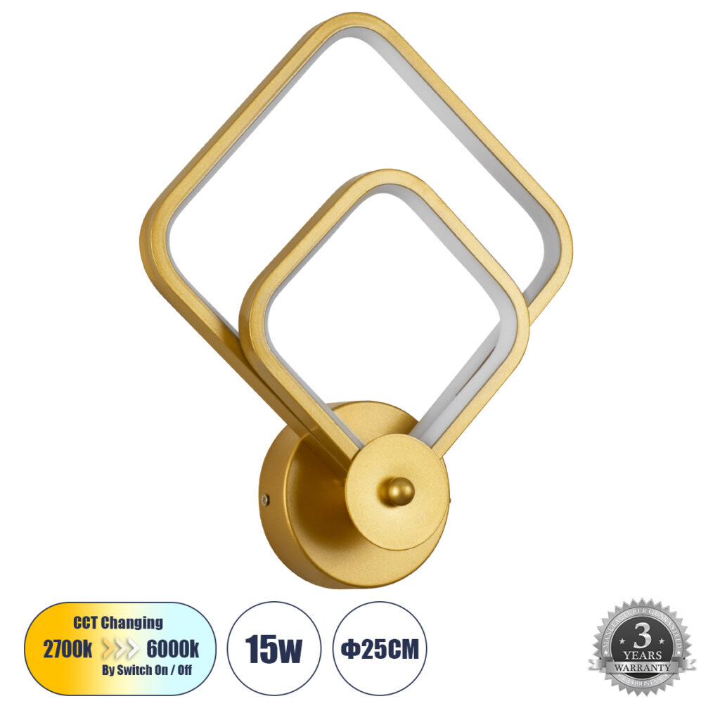 ANNA 61087 Μοντέρνο Φωτιστικό Τοίχου - Απλίκα LED 15W 1800lm 300° AC 220-240V IP20 Ρυθμιζόμενο Λευκό CCT με On/Off 2700K/4500K/6000K - Lumileds SMD Chip - Χρυσό Βούρτσας - Μ25 x Π8 x Υ30cm - 3 Χρόνια Εγγύηση