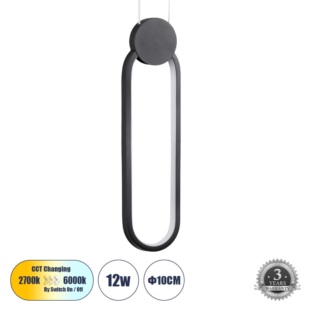 ILDI 61088 Μοντέρνο Κρεμαστό Φωτιστικό Οροφής LED 12W 1200lm 300° AC 220-240V IP20 Ρυθμιζόμενο Λευκό CCT με On/Off 2700K/4500K/6000K - Lumileds SMD Chip - Μαύρο Ματ - Μ10 x Π2.3 x Υ38cm - 3 Χρόνια Εγγύηση