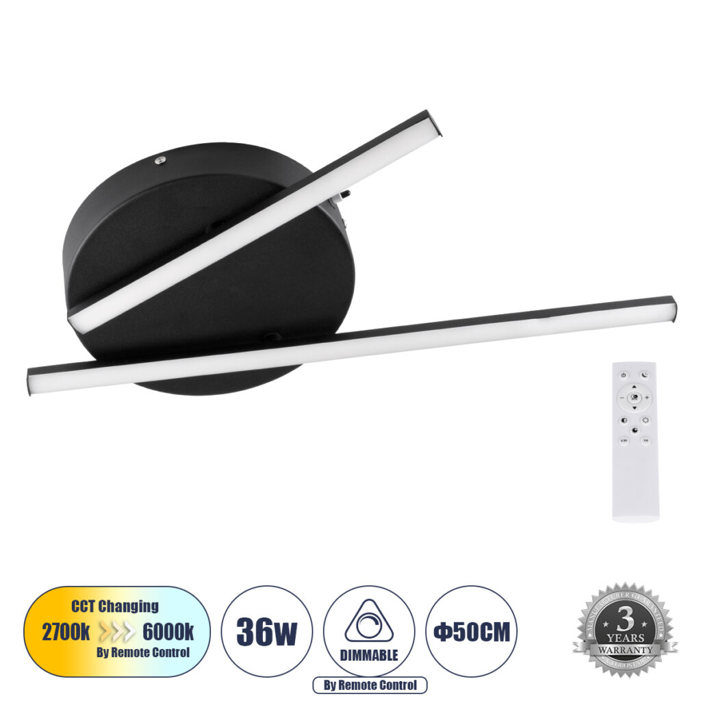 DRACO 61091 Μοντέρνο Φωτιστικό Οροφής LED 36W 4428lm 120° AC 220-240V IP20 Ρυθμιζόμενο Λευκό CCT με Χειριστήριο από 2700K έως 6000K Dimmable - Lumileds SMD Chip - Μαύρο Ματ - Μ50 x Π50 x Υ6cm - 3 Χρόνια Εγγύηση