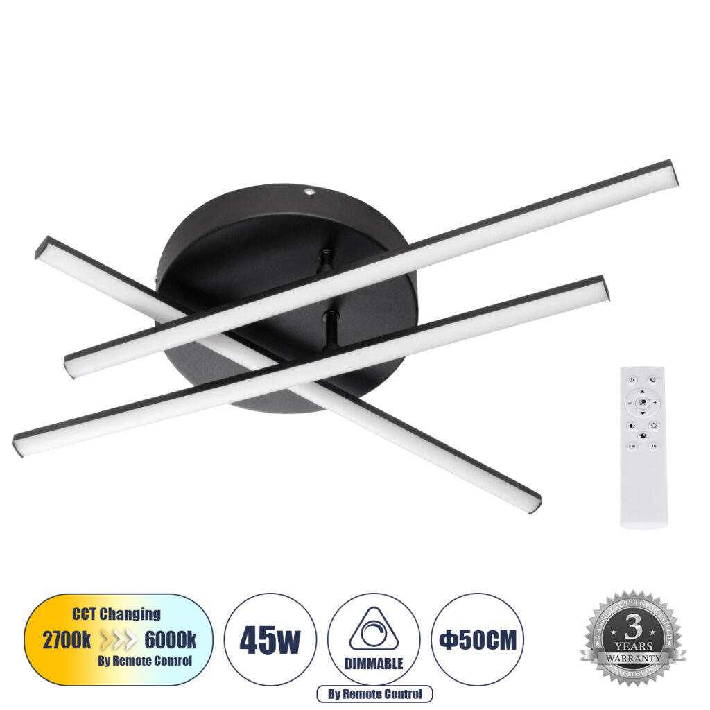 DRACO 61093 Μοντέρνο Φωτιστικό Οροφής LED 45W 5535lm 120° AC 220-240V IP20 Ρυθμιζόμενο Λευκό CCT με Χειριστήριο από 2700K έως 6000K Dimmable - Lumileds SMD Chip - Μαύρο Ματ - Μ50 x Π50 x Υ11cm - 3 Χρόνια Εγγύηση